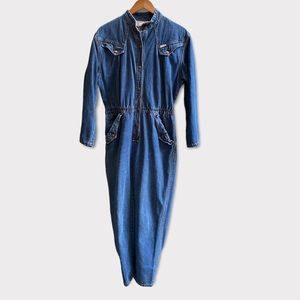 Vintage Survie Denim Jumpsuit Elastic Waist Button Front